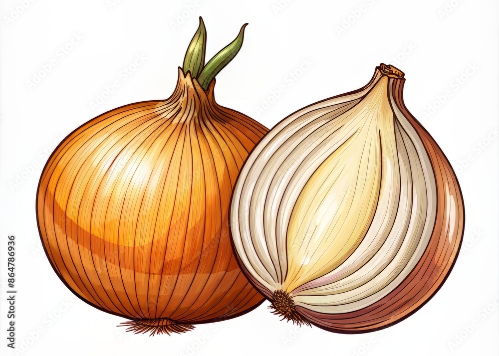 Obraz premium A whole onion and slice isolated on white background, hand-drawn vector outline illustration, showcasing a key ingredient for cooking, harvested from the farm's fresh vegetable bounty.