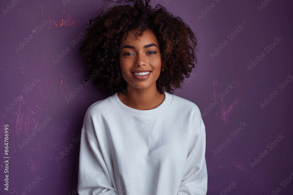Smiling Black Woman in White Sweatshirt and Jeans on Purple Background Mockup Template Smiling Black Woman in White Sweatshirt and Jeans on Purple Background Mockup Template