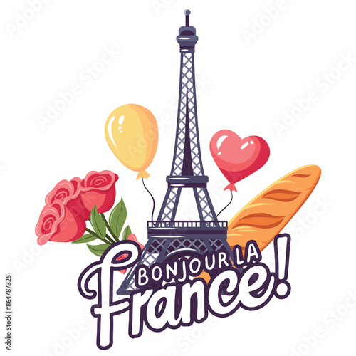 Eiffel Tower silhouette and handwritten text Bonjour La France! Balloons, baguette, bouquet of roses.