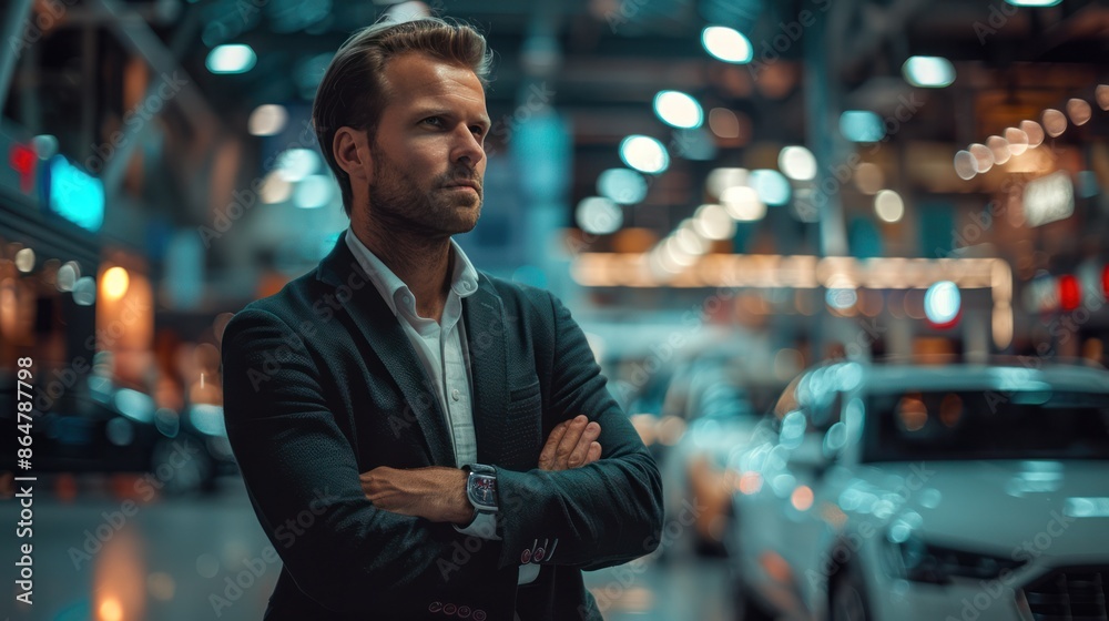 Salesman in a car showroom, Free space for text Salesman in a car showroom, Free space for text