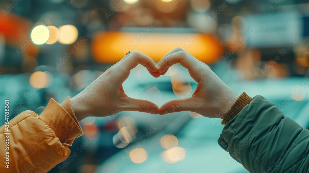 Hands of Salesman making shapes heart to customer at car showroom, Hands of Salesman making shapes heart to customer at car showroom,