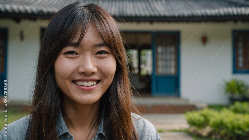 Smiling Asian woman standing in front of a traditional house Smiling Asian woman standing in front of a traditional house