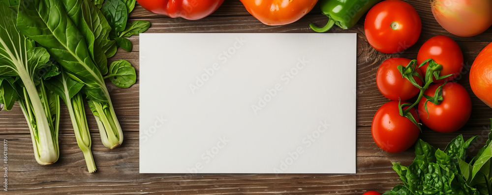 Top view of fresh vegetables and empty white card on wooden table. Ideal for recipes, healthy eating, and organic food concepts. Top view of fresh vegetables and empty white card on wooden table. Ideal for recipes, healthy eating, and organic food concepts.