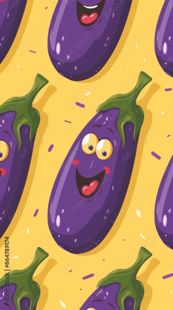 Fototapeta premium A flat style illustration of smiling eggplant slices on a pastel yellow background