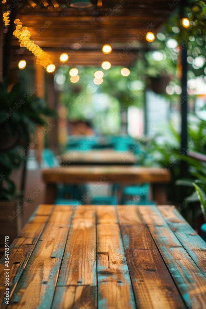 A wooden table with a blue top and a green plant in the background. The table is empty and there are no people in the scene A wooden table with a blue top and a green plant in the background. The table is empty and there are no people in the scene