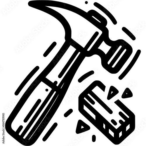 Hammer hits stone and breaks it into fragments in monochrome. Simple minimalistic vector in black ink drawing on transparent background