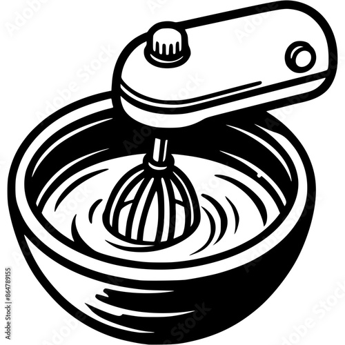 Mixer beats cream in deep bowl in monochrome. Simple minimalistic vector in black ink drawing on transparent background