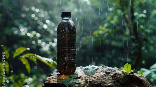 A bottle of water is sitting on a rock in the rain. The bottle is black and has a cap on it. The rain is falling on the leaves and the ground, creating a peaceful and calming atmosphere
