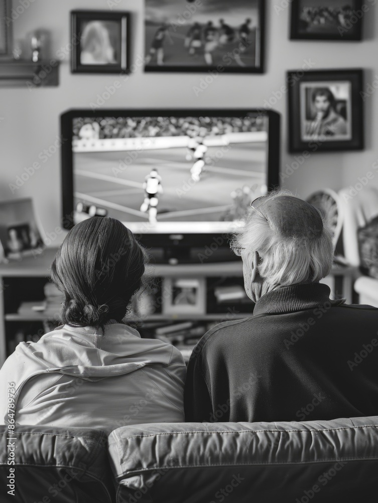 A man and woman are watching a sports game on a television. The man is wearing a sweater and the woman is wearing a jacket A man and woman are watching a sports game on a television. The man is wearing a sweater and the woman is wearing a jacket