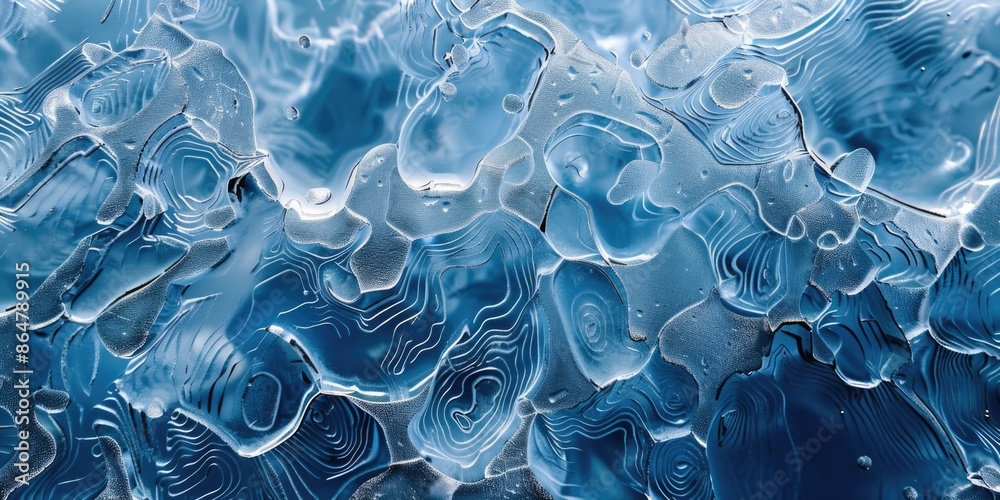A blue ocean with ice and water bubbles. The image has a calm and peaceful mood