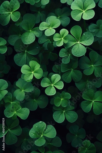 A close up of green clovers with water droplets on them. Concept of freshness and growth, as the clovers are vibrant and full of life. The water droplets add a touch of serenity