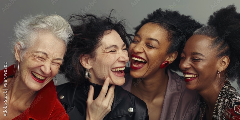 Four women are smiling and laughing together. They are all wearing red and black clothing. Scene is happy and joyful Four women are smiling and laughing together. They are all wearing red and black clothing. Scene is happy and joyful