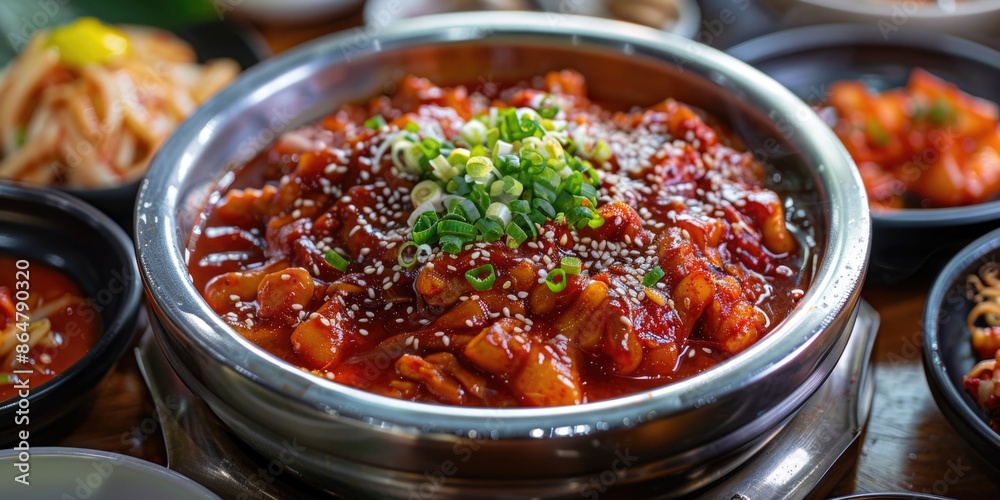 A large bowl of food with a lot of red sauce and green onions. The bowl is surrounded by other bowls of food A large bowl of food with a lot of red sauce and green onions. The bowl is surrounded by other bowls of food
