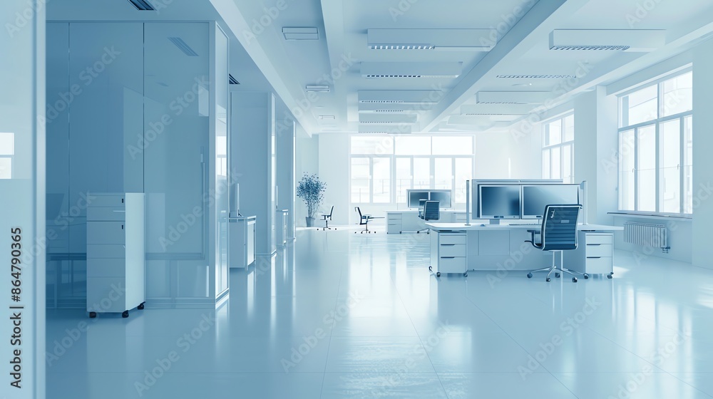 Modern, bright, open plan office space with white desks and natural light. Ideal for corporate, startup, or business stock photos. Modern, bright, open plan office space with white desks and natural light. Ideal for corporate, startup, or business stock photos.