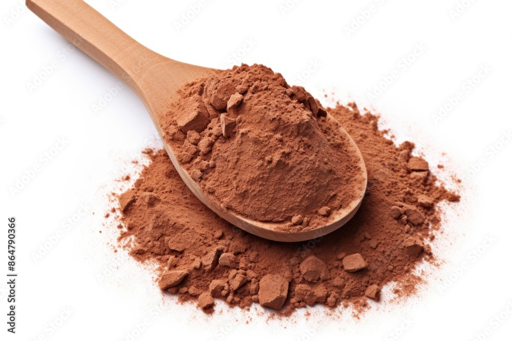 A spoonful of brown powder is on a white background A spoonful of brown powder is on a white background