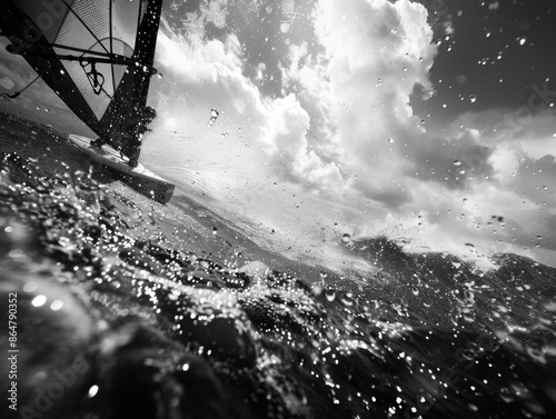 A black and white photo of a surfer riding a wave. The surfer is in the middle of the wave, and the water is splashing around him. The photo captures the excitement and thrill of surfing