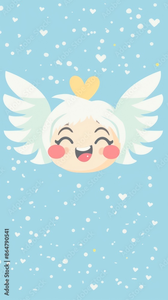 A flat style illustration of a cute smiling angel with wings on a pastel blue background. The angel has a heart halo and is surrounded by white hearts A flat style illustration of a cute smiling angel with wings on a pastel blue background. The angel has a heart halo and is surrounded by white hearts
