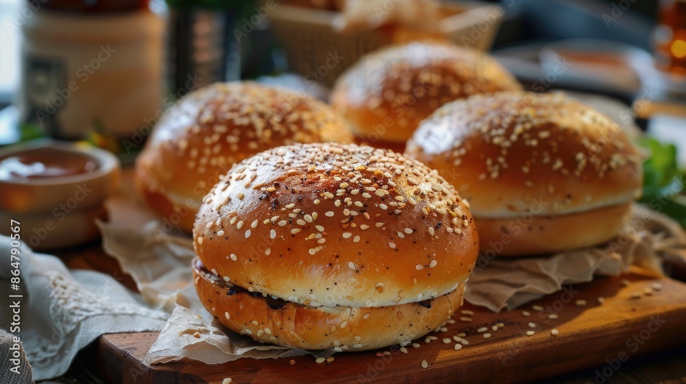 Four sesame seed buns on a wooden table. The buns are placed on a napkin and are ready to be eaten Four sesame seed buns on a wooden table. The buns are placed on a napkin and are ready to be eaten