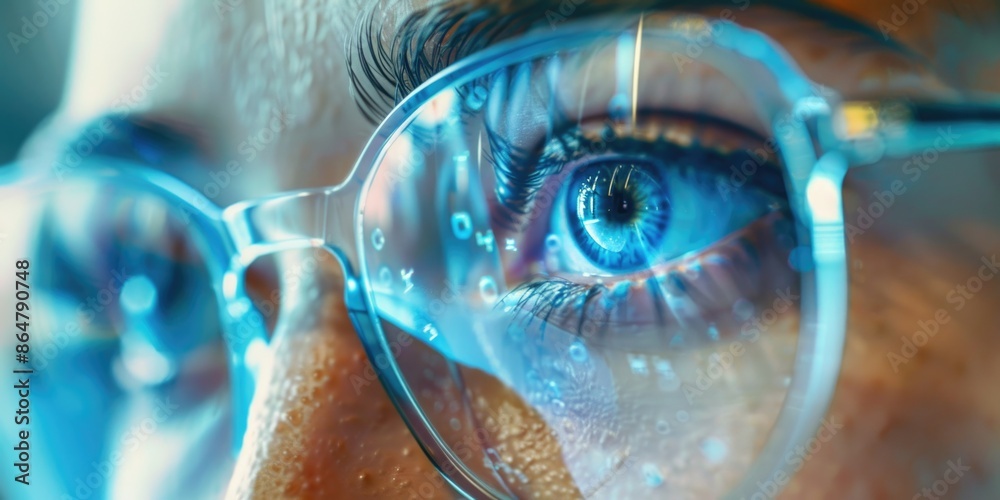 A woman with blue eyes is wearing glasses. The glasses are clear and the woman's eyes are open A woman with blue eyes is wearing glasses. The glasses are clear and the woman's eyes are open