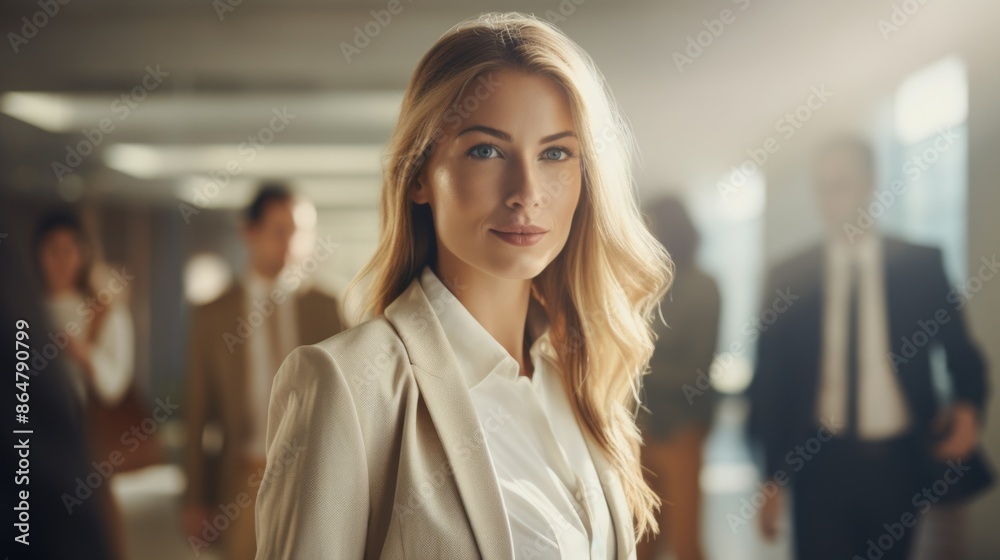A woman in a business suit stands in a hallway with other people. She is the center of attention and she is confident and professional A woman in a business suit stands in a hallway with other people. She is the center of attention and she is confident and professional