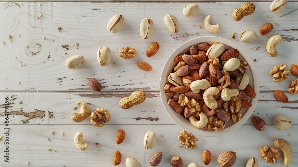 Assortment of nuts in a bowl on a white wooden table. Healthy snacks, almonds, cashews, walnuts, pistachios. Concept of healthy eating, vegan food, and nutrition Assortment of nuts in a bowl on a white wooden table. Healthy snacks, almonds, cashews, walnuts, pistachios. Concept of healthy eating, vegan food, and nutrition