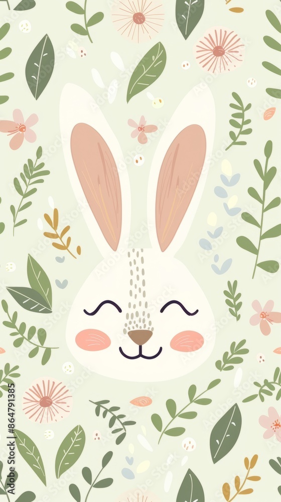 A cute illustration of a smiling bunny face surrounded by spring flowers and leaves in a flat style A cute illustration of a smiling bunny face surrounded by spring flowers and leaves in a flat style