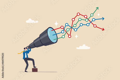 Forecast or prediction to see or analyze future opportunity, forwarding data analysis, leadership vision or discover investment plan concept, businessman look through telescope to see forecast chart.