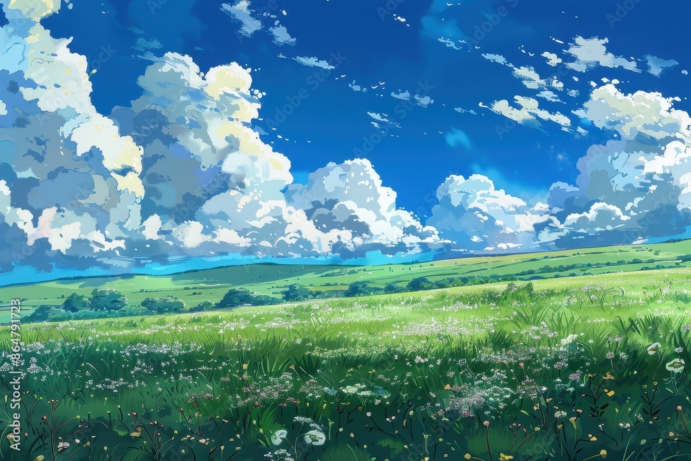 Fototapeta premium Grass Field landscape with blue sky and white cloud. Blue sky clouds sunny day wallpaper. Cartoon illustration of a Grass Field with blue sky in Summer. green field in a day.