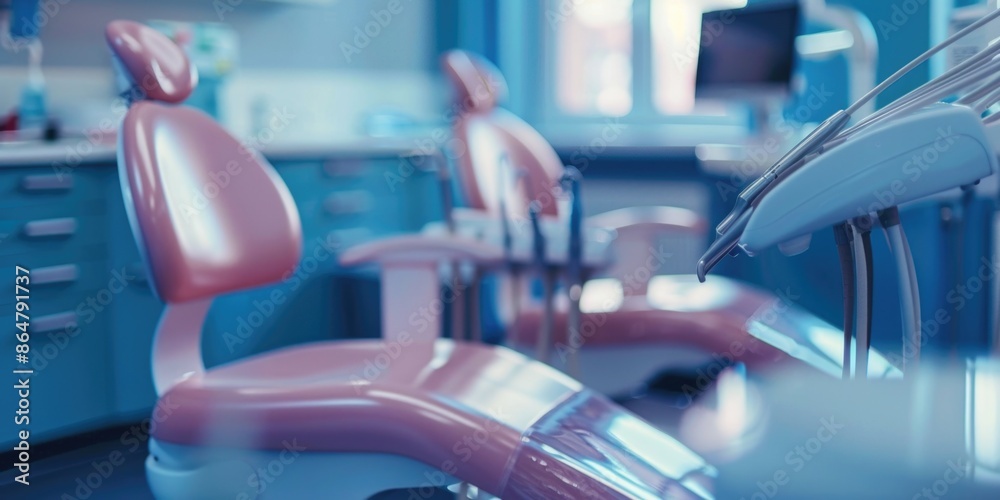 A dentist's office with two pink chairs and a white one. The chairs are in front of a desk with a computer and a monitor A dentist's office with two pink chairs and a white one. The chairs are in front of a desk with a computer and a monitor