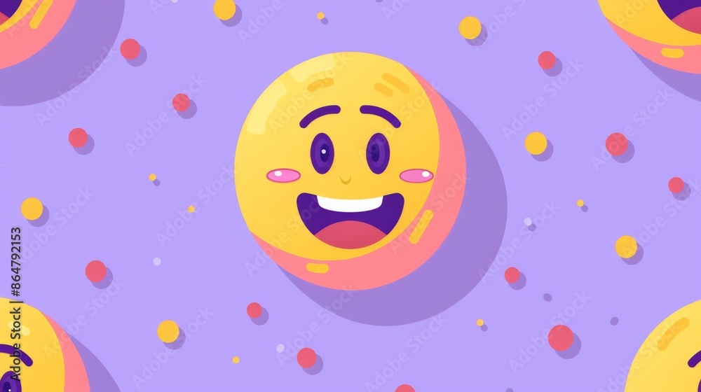 Naklejka premium A cute, flat style illustration of a smiling face on a violet background with yellow and pink dots