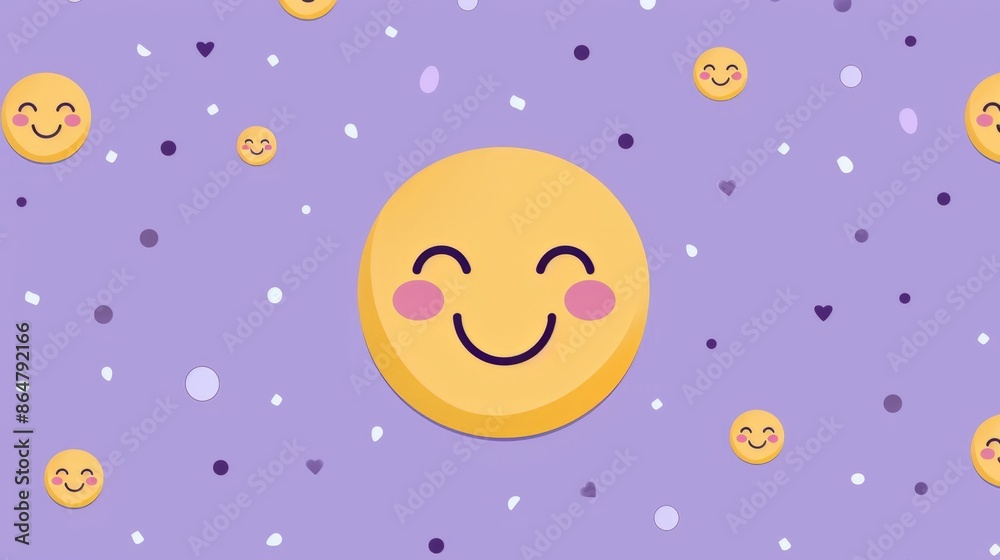 A cheerful, flat-style illustration of a smiling smiley face on a violet background with white and purple dots A cheerful, flat-style illustration of a smiling smiley face on a violet background with white and purple dots