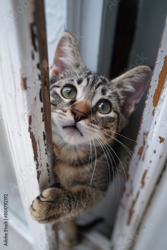 A cat is peeking out from behind a window. The cat is looking at the camera with its eyes wide open