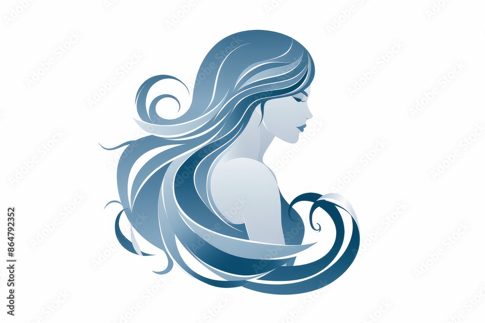 A beautiful girl with long blue hair, a simple flat illustration in blue tones on a white isolated background. Design concept for beauty salons, spas, cosmetics, hairdressing, fashion, logo. A beautiful girl with long blue hair, a simple flat illustration in blue tones on a white isolated background. Design concept for beauty salons, spas, cosmetics, hairdressing, fashion, logo.