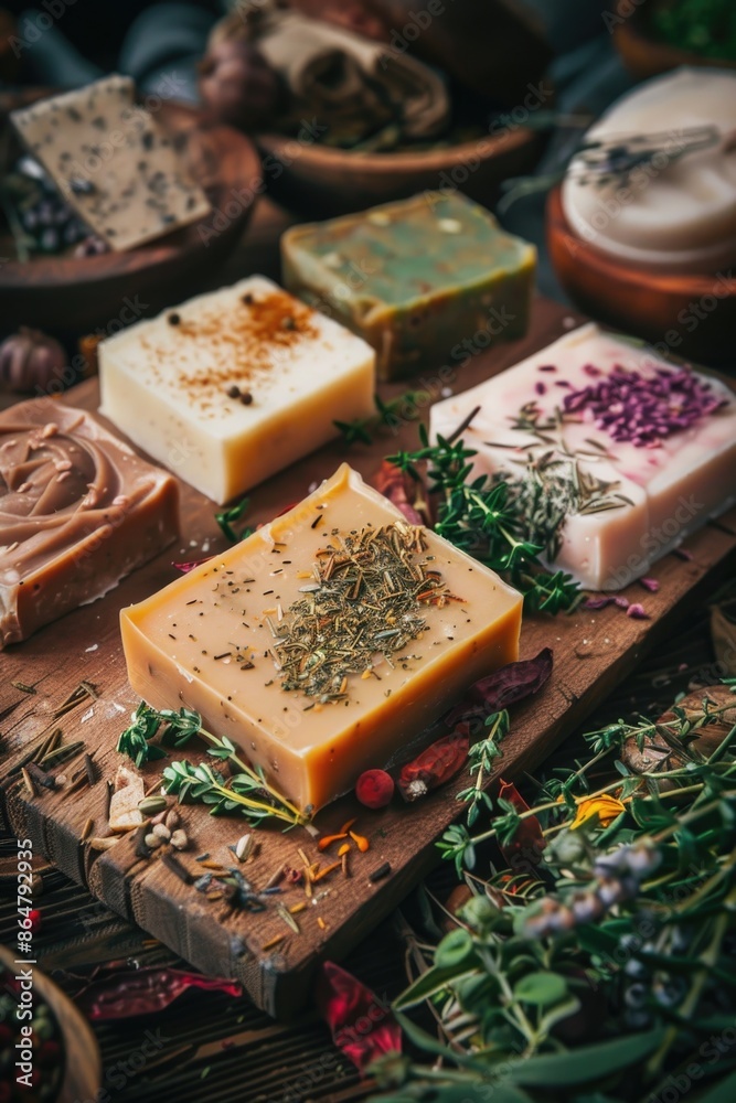 A wooden table with a variety of soaps and herbs. The soaps are arranged in a row, with some having herbs on top. The herbs include rosemary, thyme, and lavender A wooden table with a variety of soaps and herbs. The soaps are arranged in a row, with some having herbs on top. The herbs include rosemary, thyme, and lavender