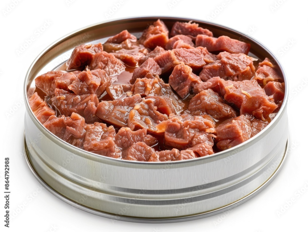 A can of meat is sitting on a white background. The meat is brown and he is cooked A can of meat is sitting on a white background. The meat is brown and he is cooked