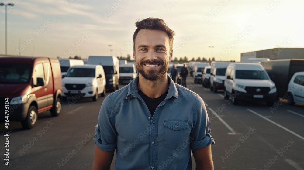A man is smiling in front of a row of parked cars. Concept of happiness and contentment, as the man is enjoying his time in the parking lot A man is smiling in front of a row of parked cars. Concept of happiness and contentment, as the man is enjoying his time in the parking lot