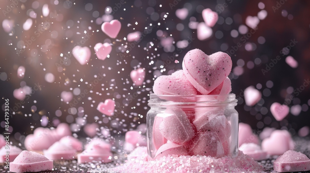 Heart shaped bath bombs in a jar, surrounded by particles and a hyper detailed background for a stunning visual Heart shaped bath bombs in a jar, surrounded by particles and a hyper detailed background for a stunning visual