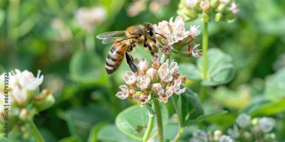 A bee is sitting on a flower. The flower is white and has a green stem. The bee is surrounded by other flowers, and the scene is peaceful and serene A bee is sitting on a flower. The flower is white and has a green stem. The bee is surrounded by other flowers, and the scene is peaceful and serene
