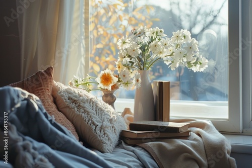 A white vase with flowers sits on a table next to a book