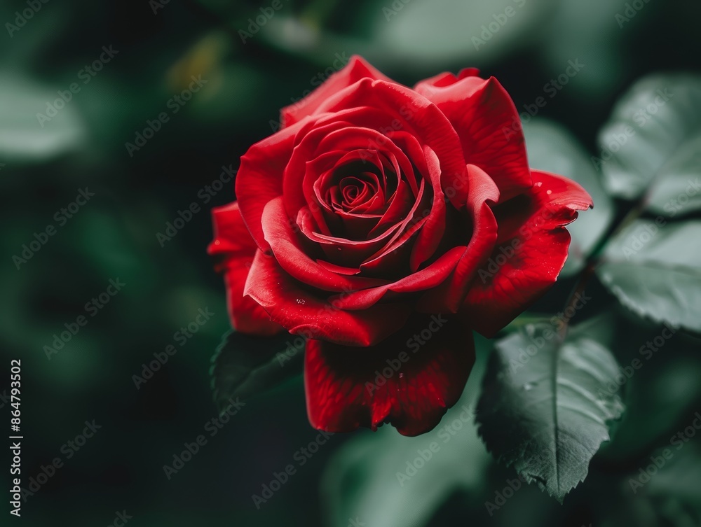 Beautifully bloomed red rose, highlighting its graceful shape, detailed textures, and vivid color, surrounded by soft, blurred greenery Beautifully bloomed red rose, highlighting its graceful shape, detailed textures, and vivid color, surrounded by soft, blurred greenery