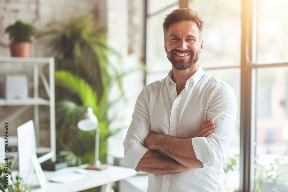 A man is smiling and standing in front of a desk with a potted plant. The room has a modern and professional feel, with a desk and a chair. The man is wearing a white shirt and has his arms crossed A man is smiling and standing in front of a desk with a potted plant. The room has a modern and professional feel, with a desk and a chair. The man is wearing a white shirt and has his arms crossed