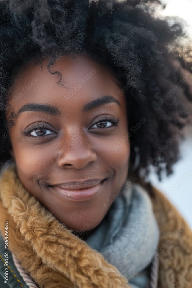 A woman with curly hair and a scarf on her neck is smiling. She has a warm and friendly expression on her face A woman with curly hair and a scarf on her neck is smiling. She has a warm and friendly expression on her face