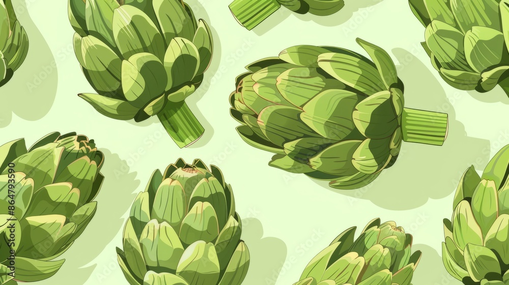 A flat illustration of fresh artichokes on a light green background A flat illustration of fresh artichokes on a light green background