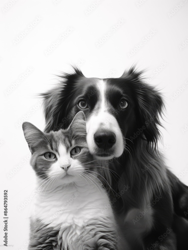 A black and white photo of a cat and a dog. The cat is looking at the camera and the dog is looking away A black and white photo of a cat and a dog. The cat is looking at the camera and the dog is looking away