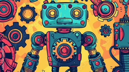 Colorful cartoon robot illustration with gears and cogs, vibrant mechanical design, hand-drawn style, suitable for technology-themed projects. photo