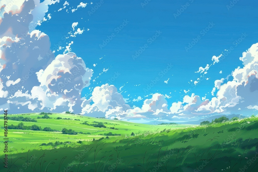 Fototapeta premium Beautiful landscape with green grass field and blue sky with white fluffy clouds in artistic painting style. Concept of nature, serenity, and summer.