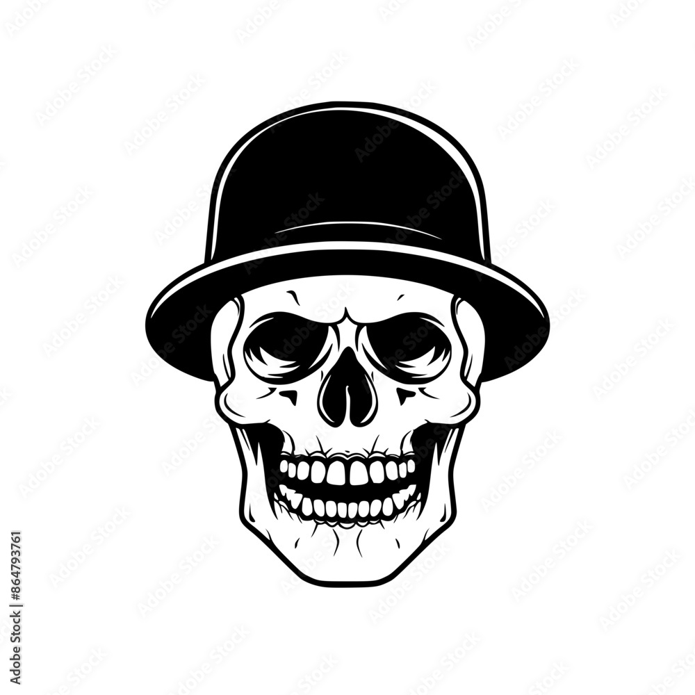 Skull Wearing Bowler Hat Illustration, Black and white illustration of a skull wearing a classic bowler hat, blending vintage style with a macabre theme.
Skull Wearing Bowler Hat Illustration, Black and white illustration of a skull wearing a classic bowler hat, blending vintage style with a macabre theme.