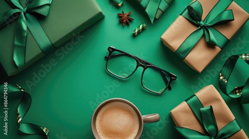 A green box with a green bow sits on a green table. A cup of coffee sits on the table next to the glasses