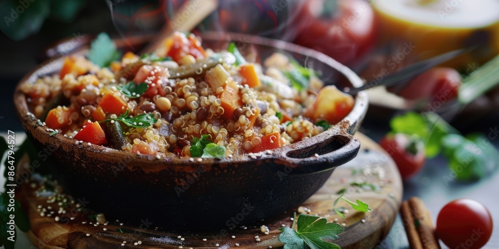 A bowl of food with a lot of vegetables and spices. The bowl is on a wooden table A bowl of food with a lot of vegetables and spices. The bowl is on a wooden table