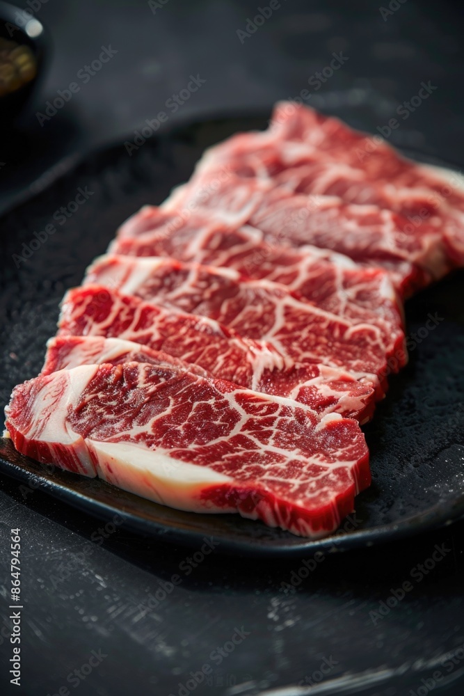 A slab of meat with white stripes on it. The meat is on a black plate A slab of meat with white stripes on it. The meat is on a black plate